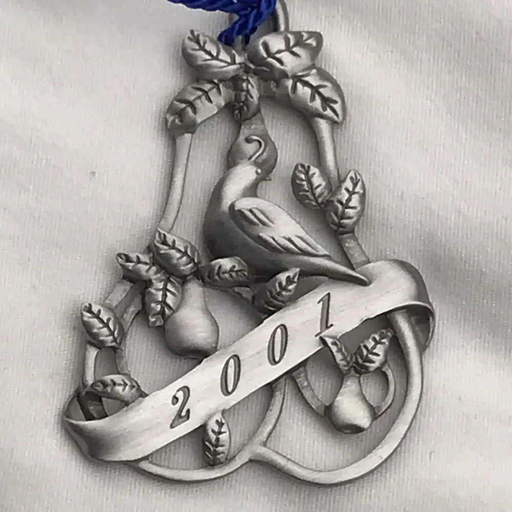 AVON Silver Blue Partridge Pear Tree Ornament 2001 Commemorative Collectible